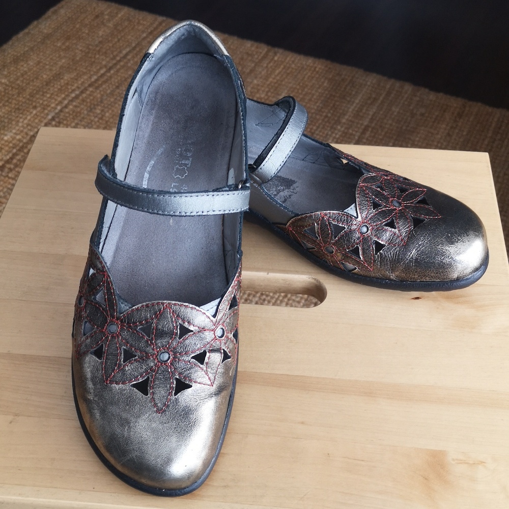 Naot Metallic Bronze Mary Jane Flats with Red Stitching